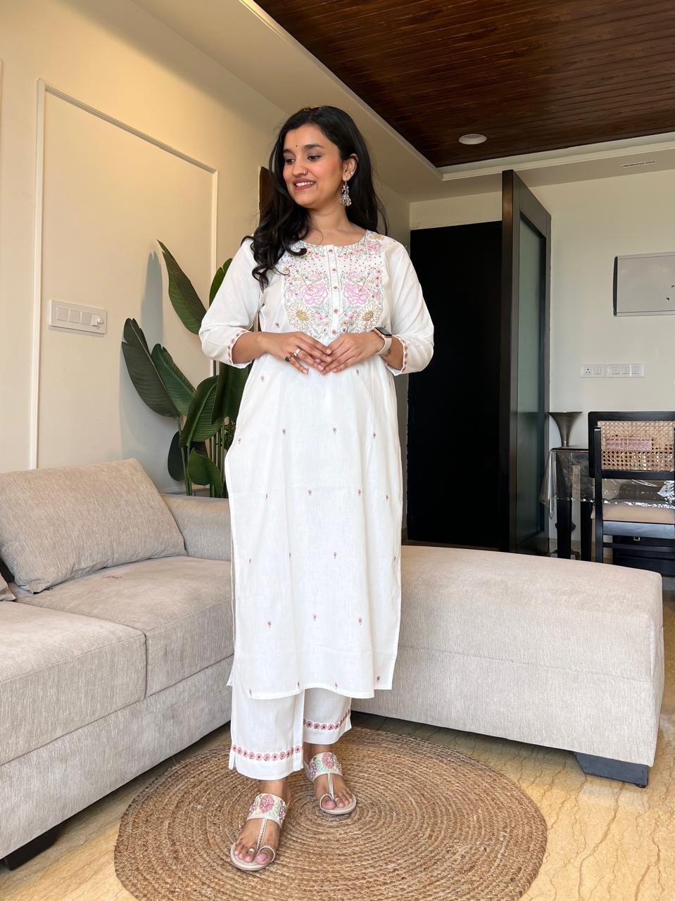 Vihaana Delicate Embroidery Pant Set- Off White