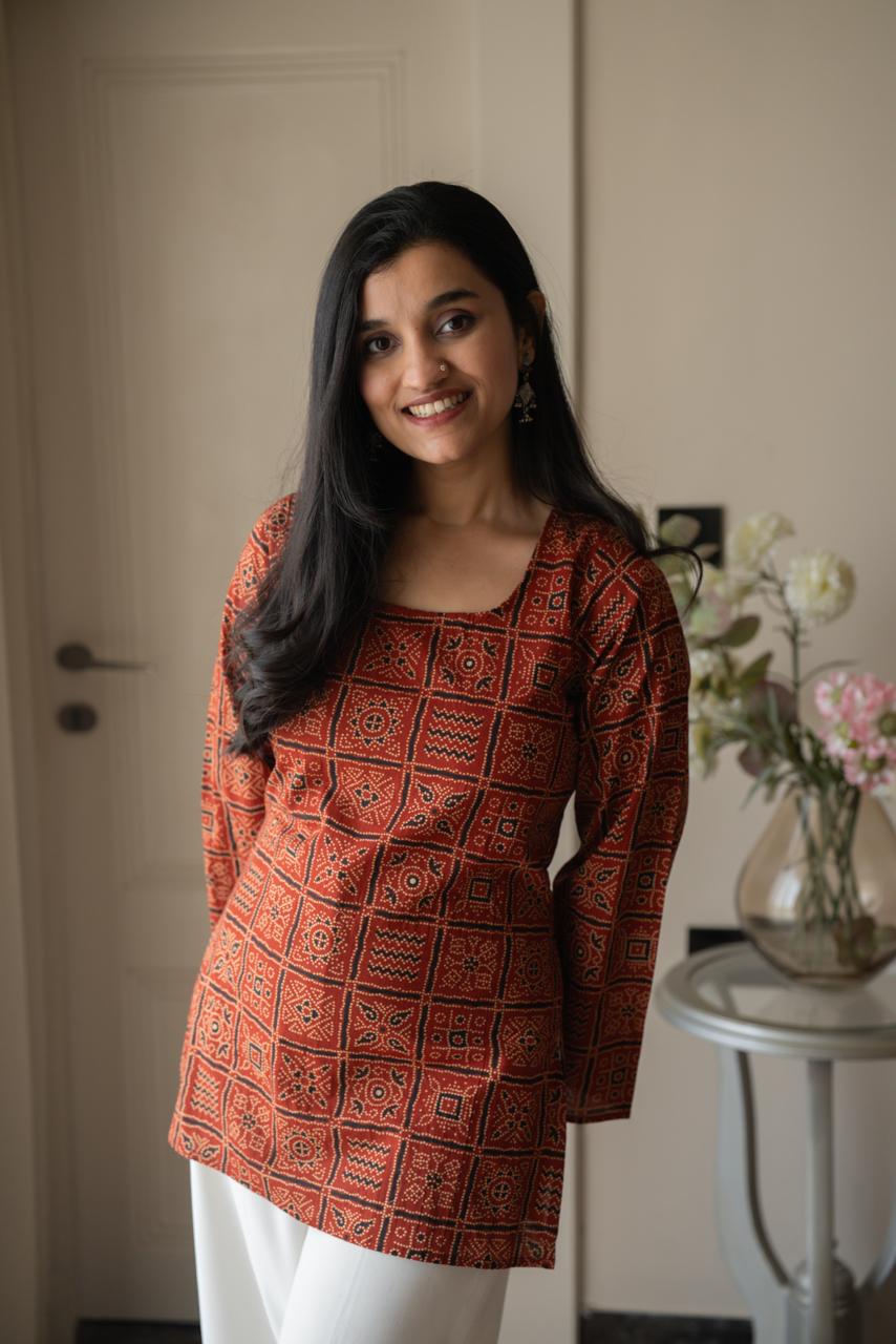 Zia Cotton Short Kurti- Red Bandhej