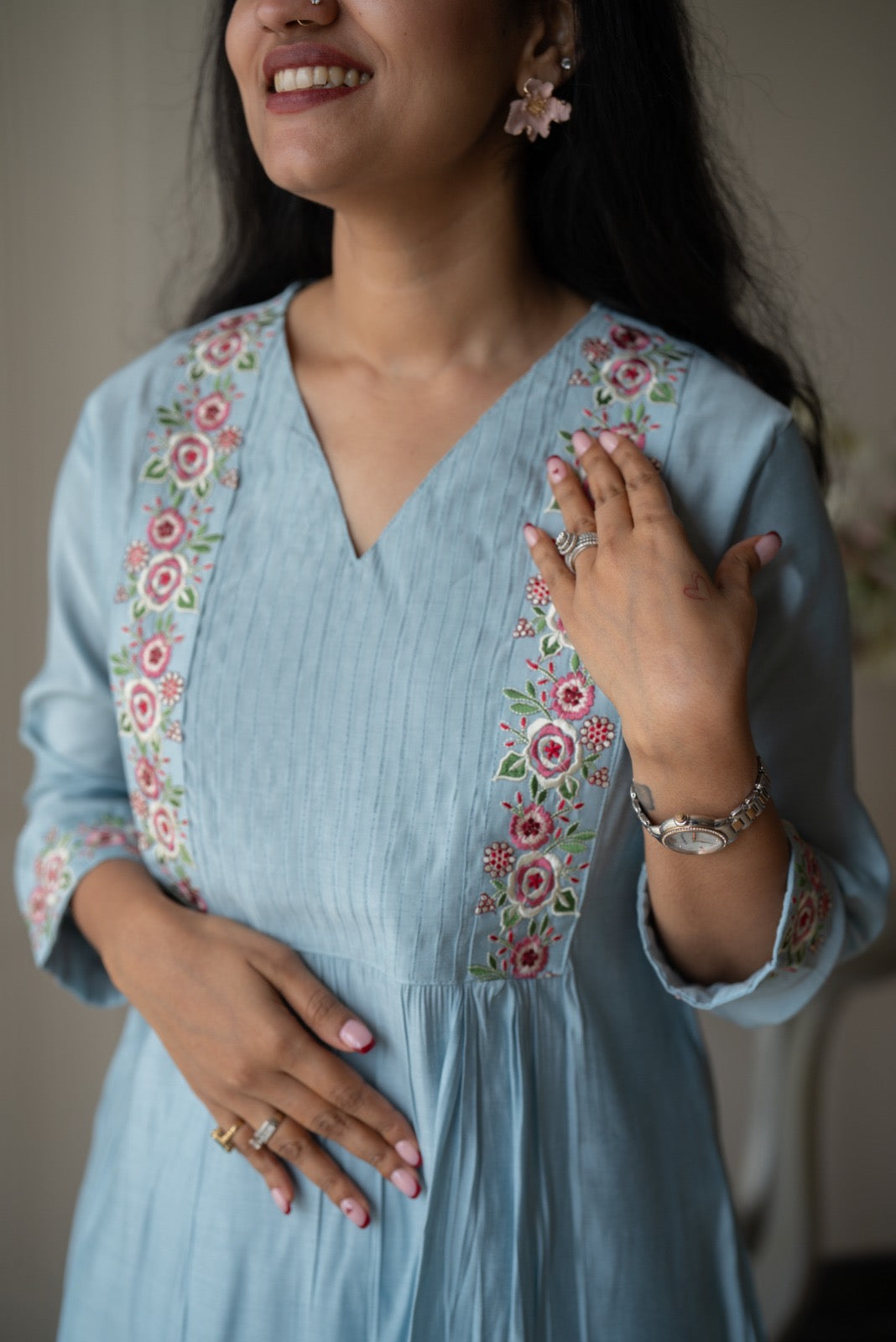 Amber Muslin Embroidered Pant Set- Pastel Blue
