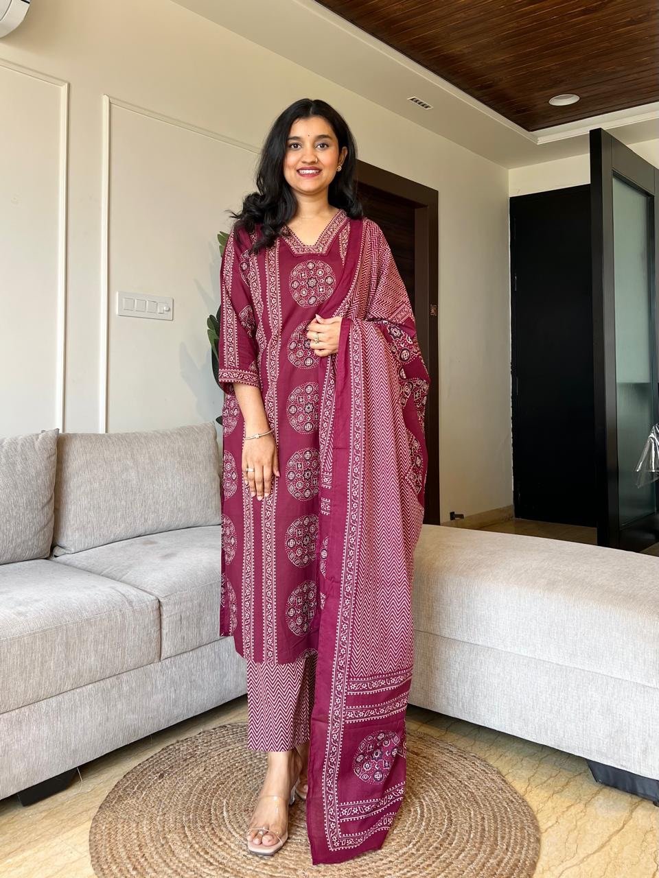 Naina Ajrakh Cotton Suit- Wine