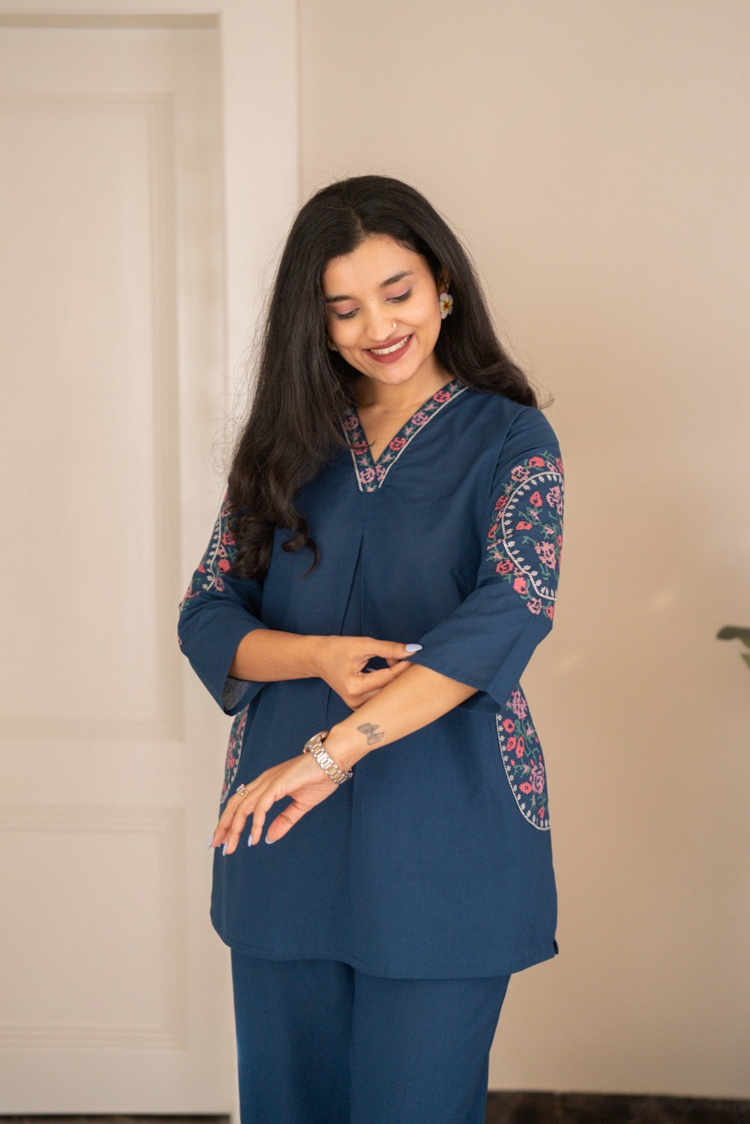 Risha Embroidered Coord Set- Blue