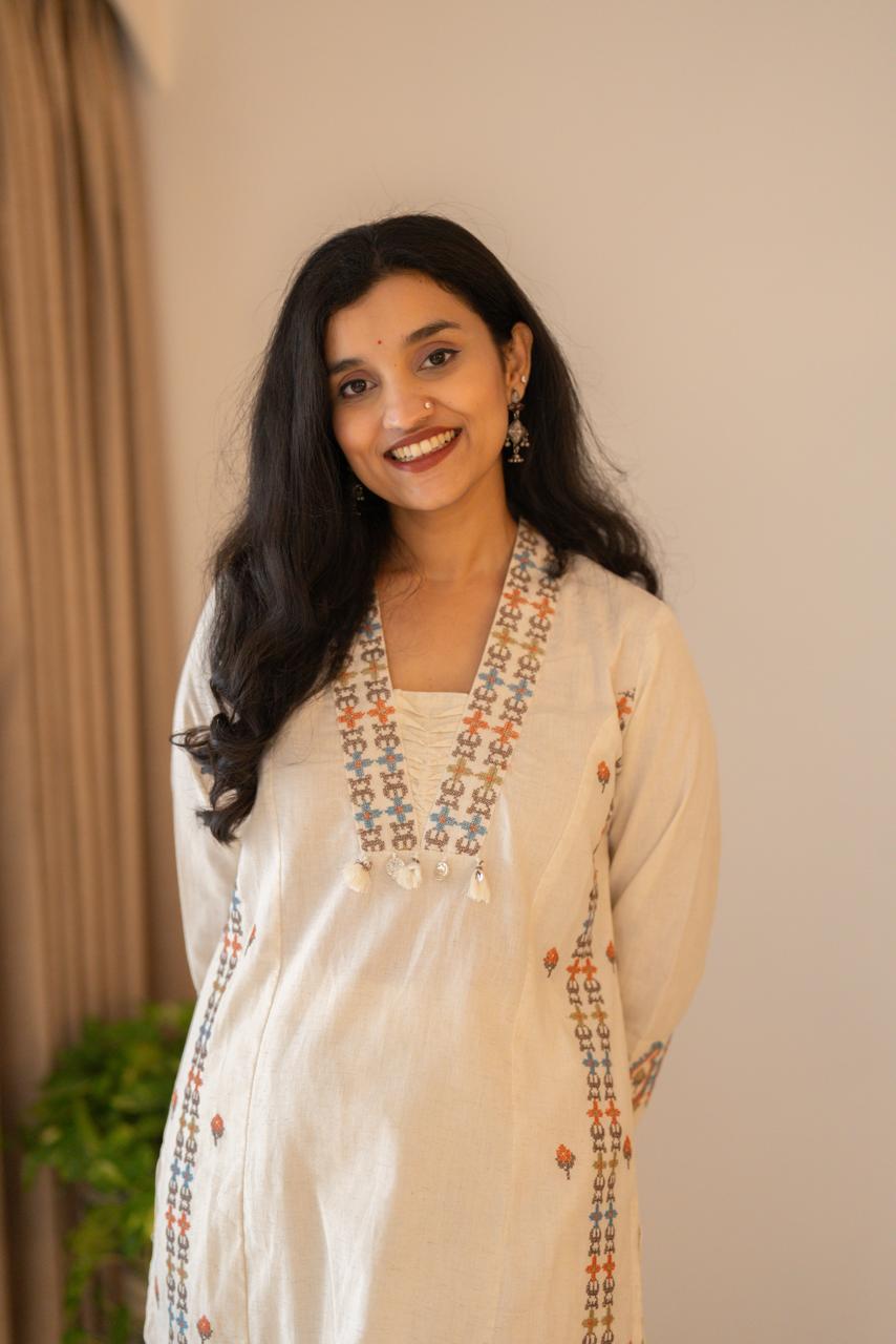 Tamana Embroidered A-line Suit- Off White