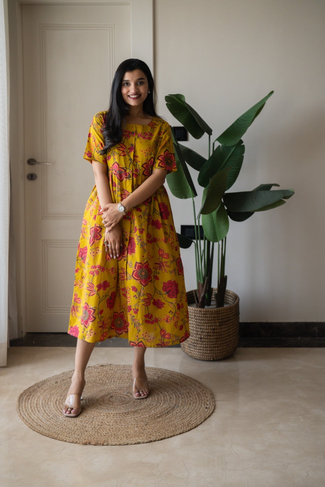 Drishy Maternity Cotton Dress- Mustard Florals