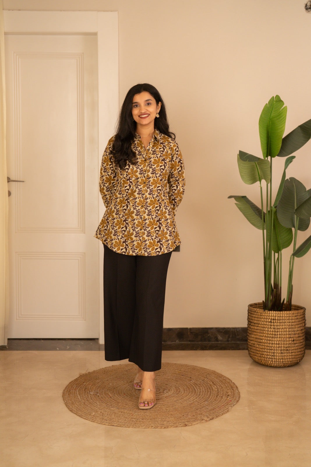 Zora Slub Cotton Shirt- Brown Leaves