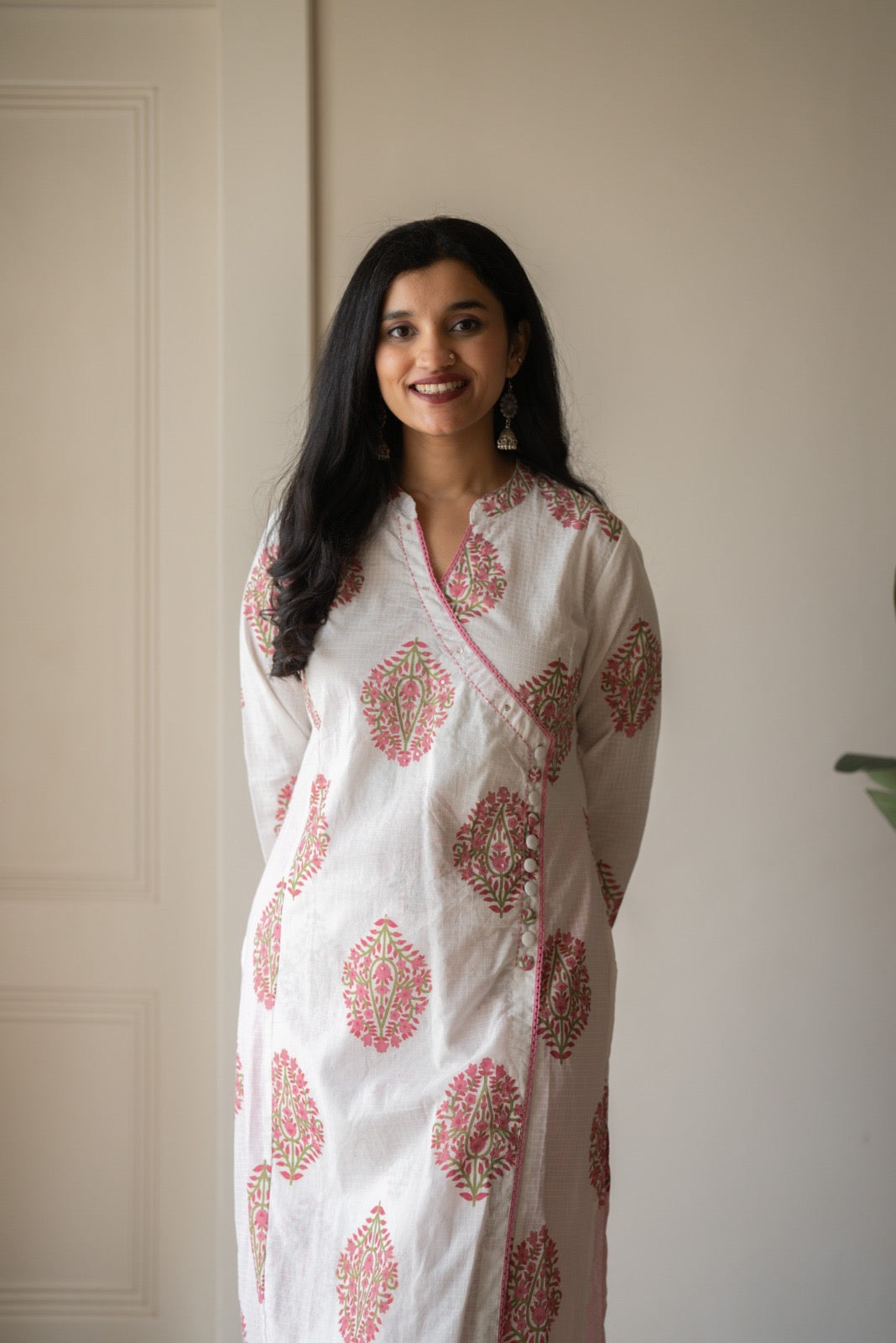Ruh Angrakha White Boota Set- Pink
