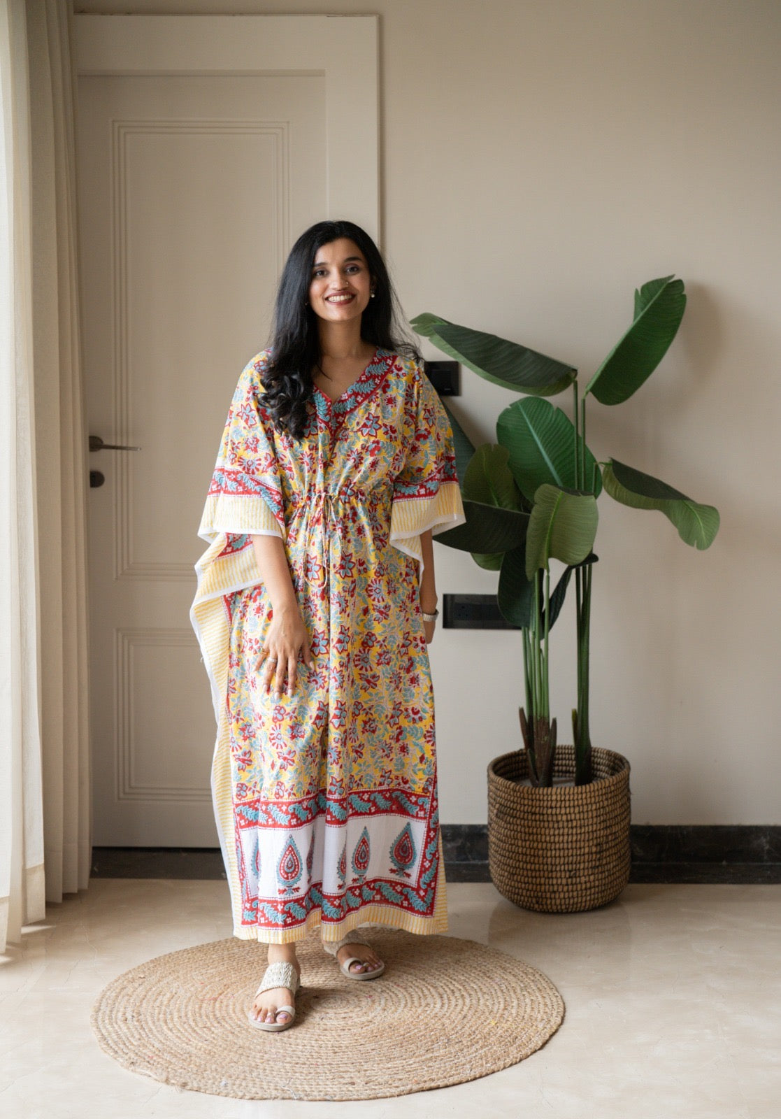 Kashi Block Print Kaftan- Bright Yellow Florals
