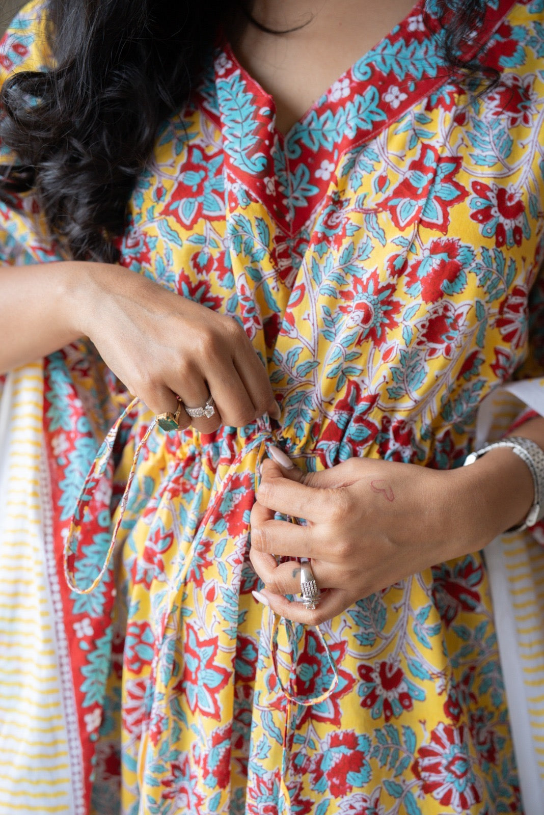 Kashi Block Print Kaftan- Bright Yellow Florals