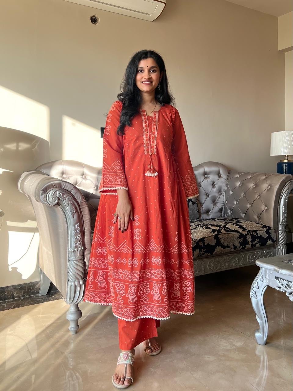 Ramaya Bandhej Flared Set- Orange
