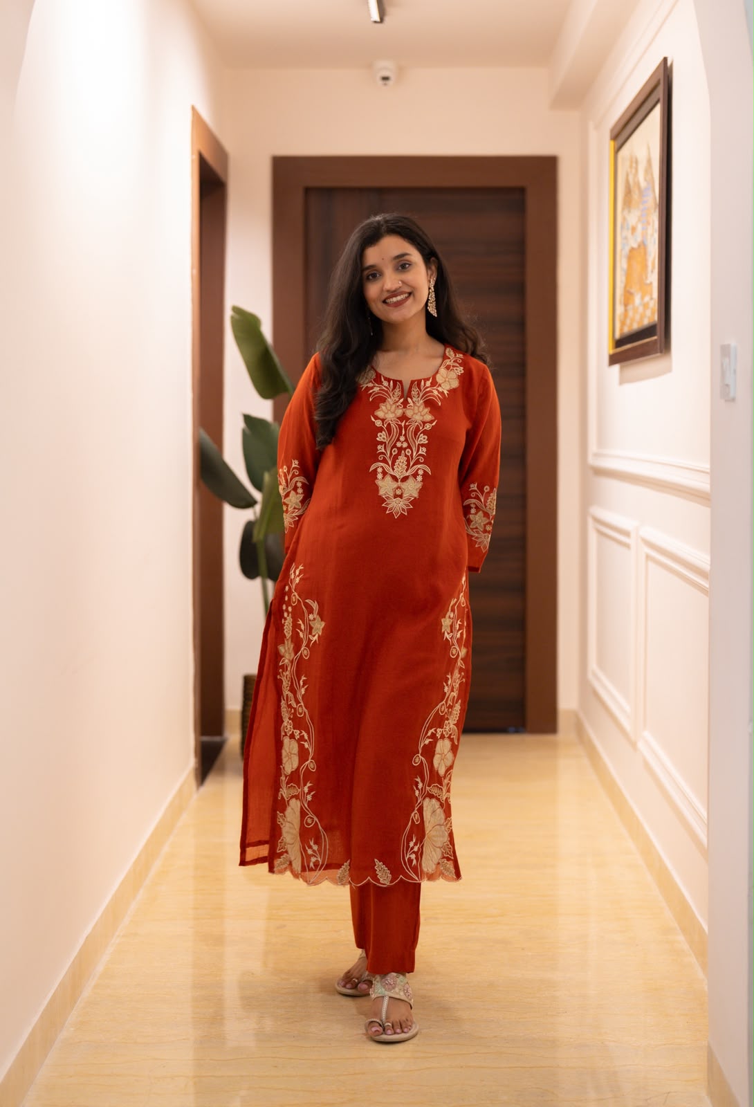 Varaha Mul Chanderi Luxe Suit- Rust