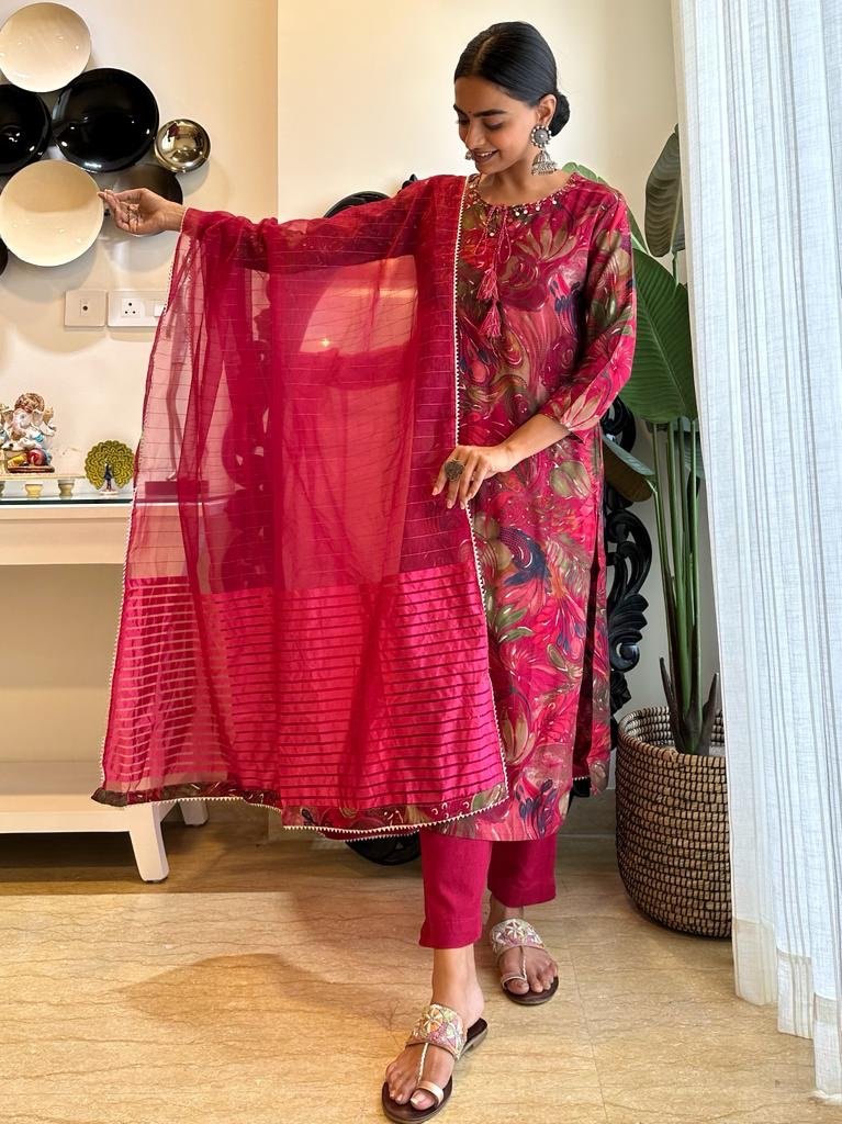 Deep Red Muslin Straight Set