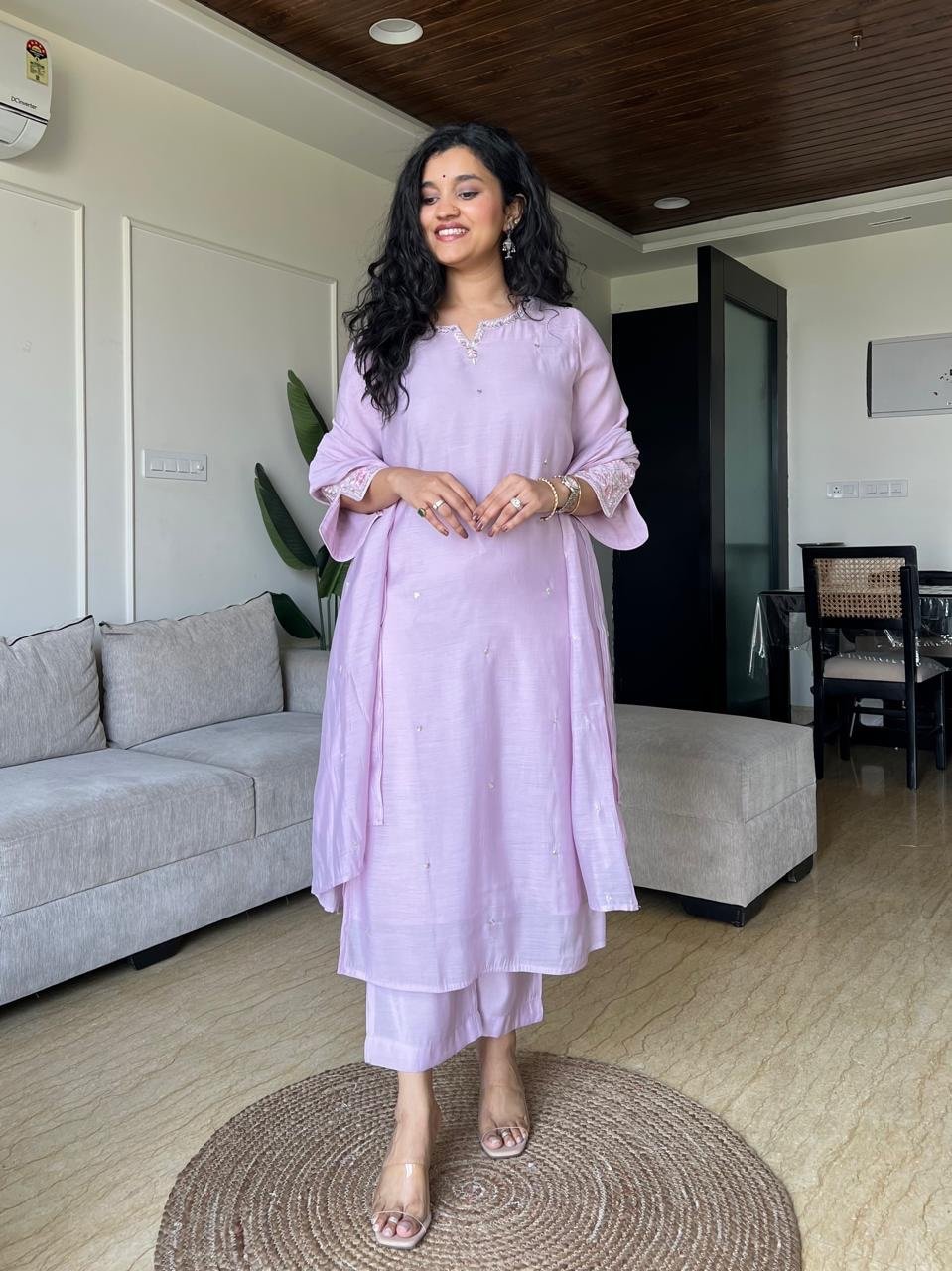 Shavya Mul Chanderi Embroidered Set- Pastel Purple