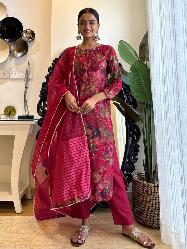 Deep Red Muslin Straight Set