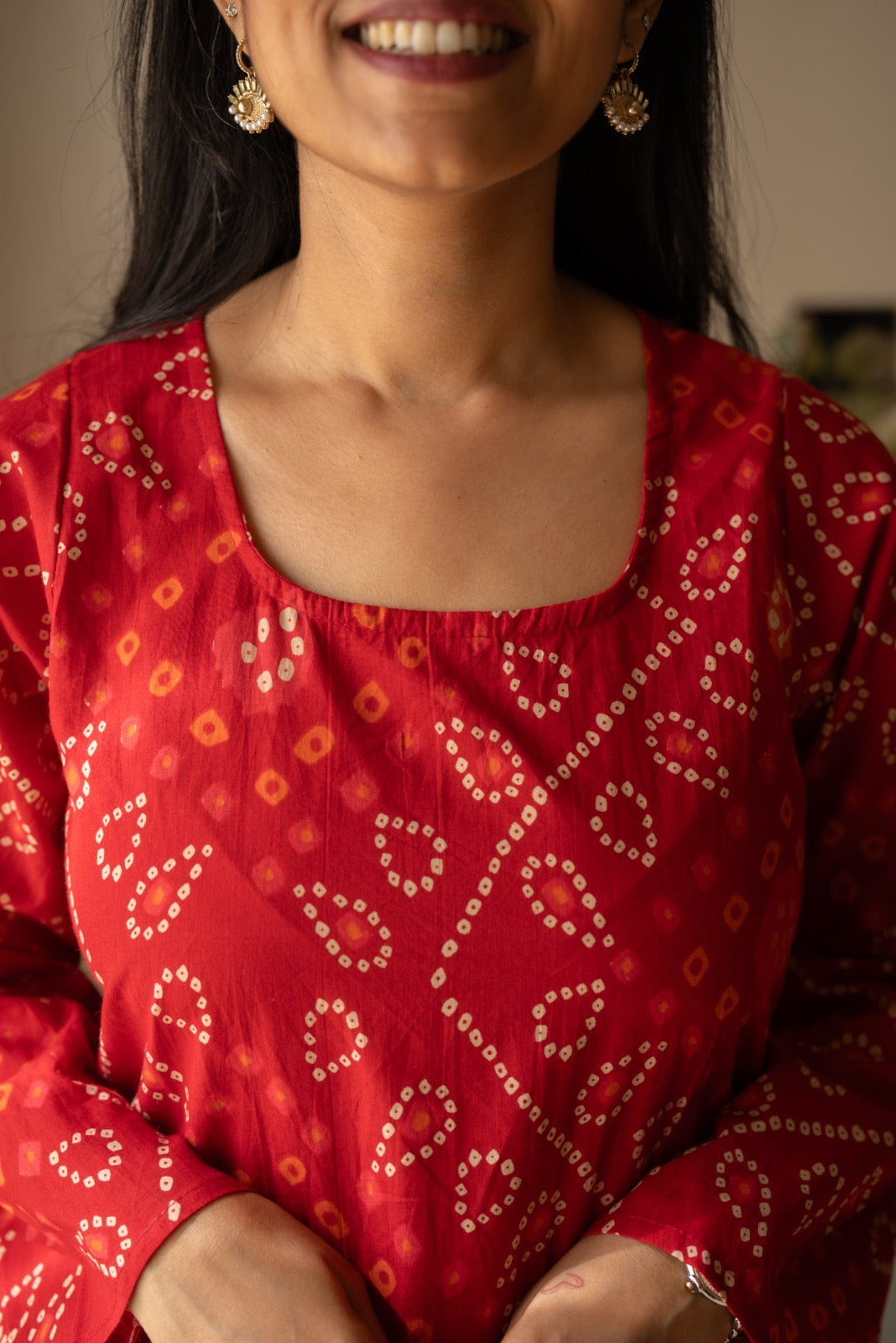 Griya Cotton Short Kurti- Red Bandhej