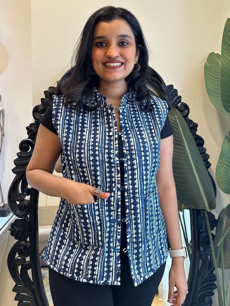 Reversible Quilted Sleeveless Jacket- Indigo Boota