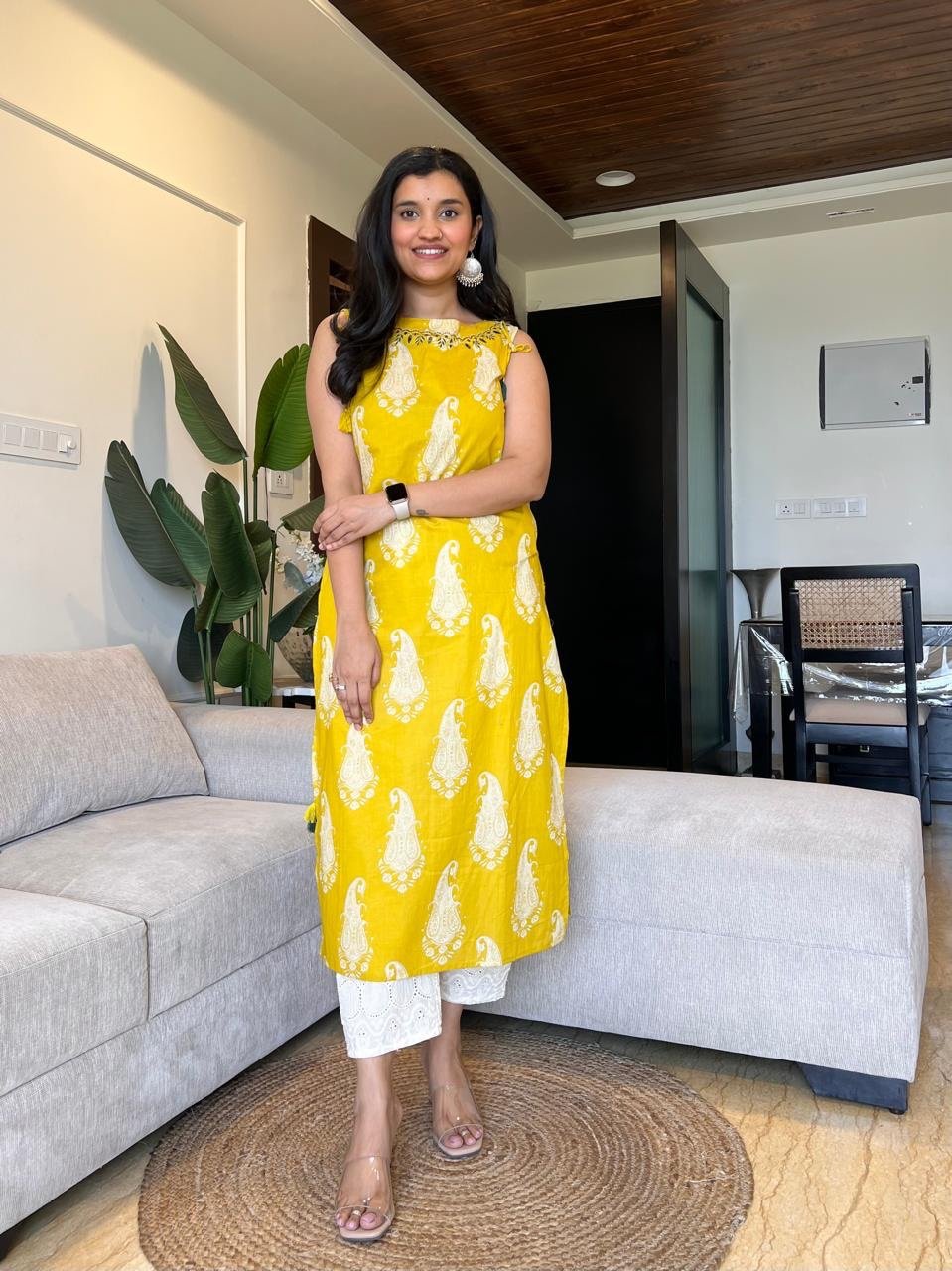 Roshni Sleeveless Cotton Tassel Kurta- Yellow