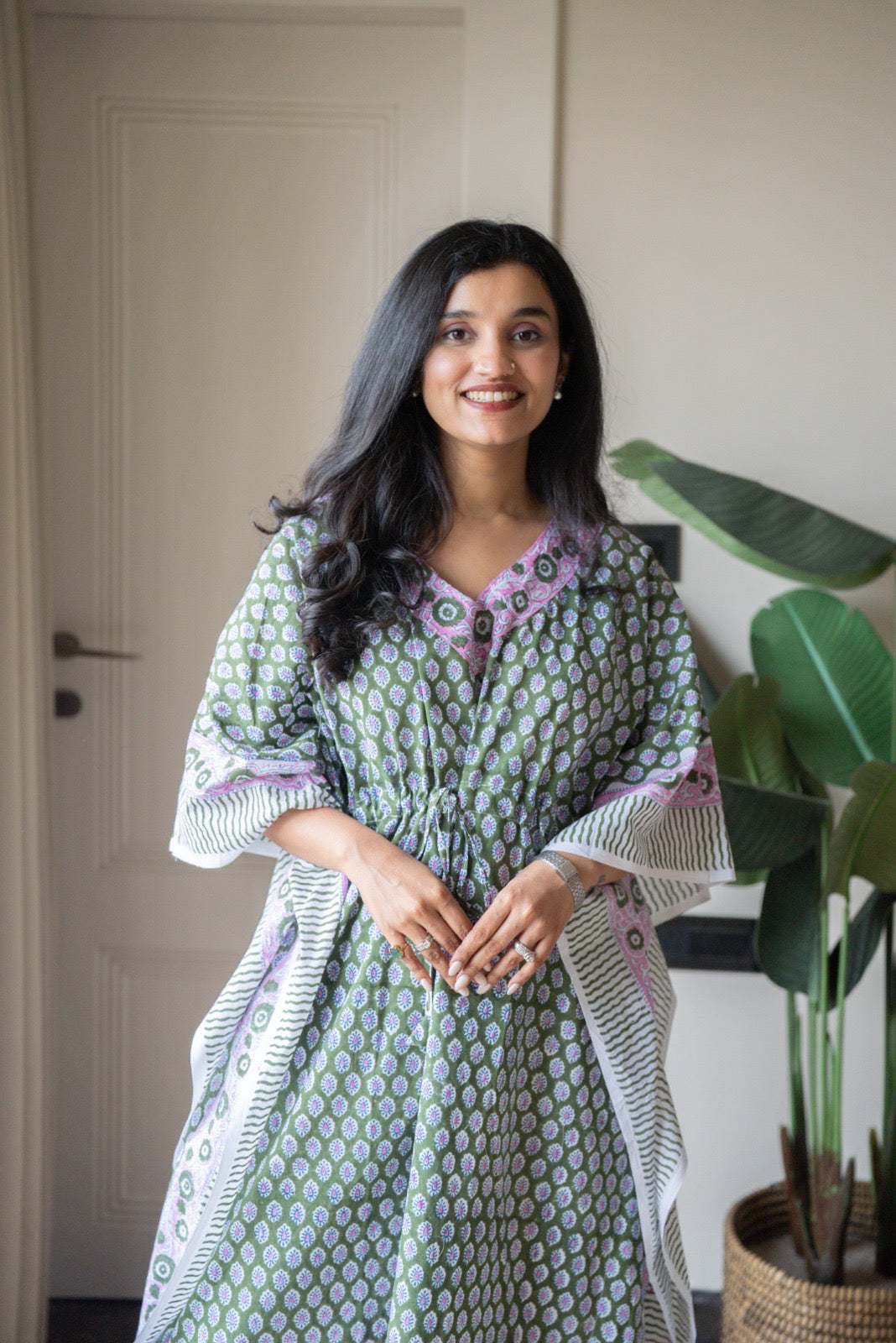 Kashi Block Print Kaftan- Dark Green Booti