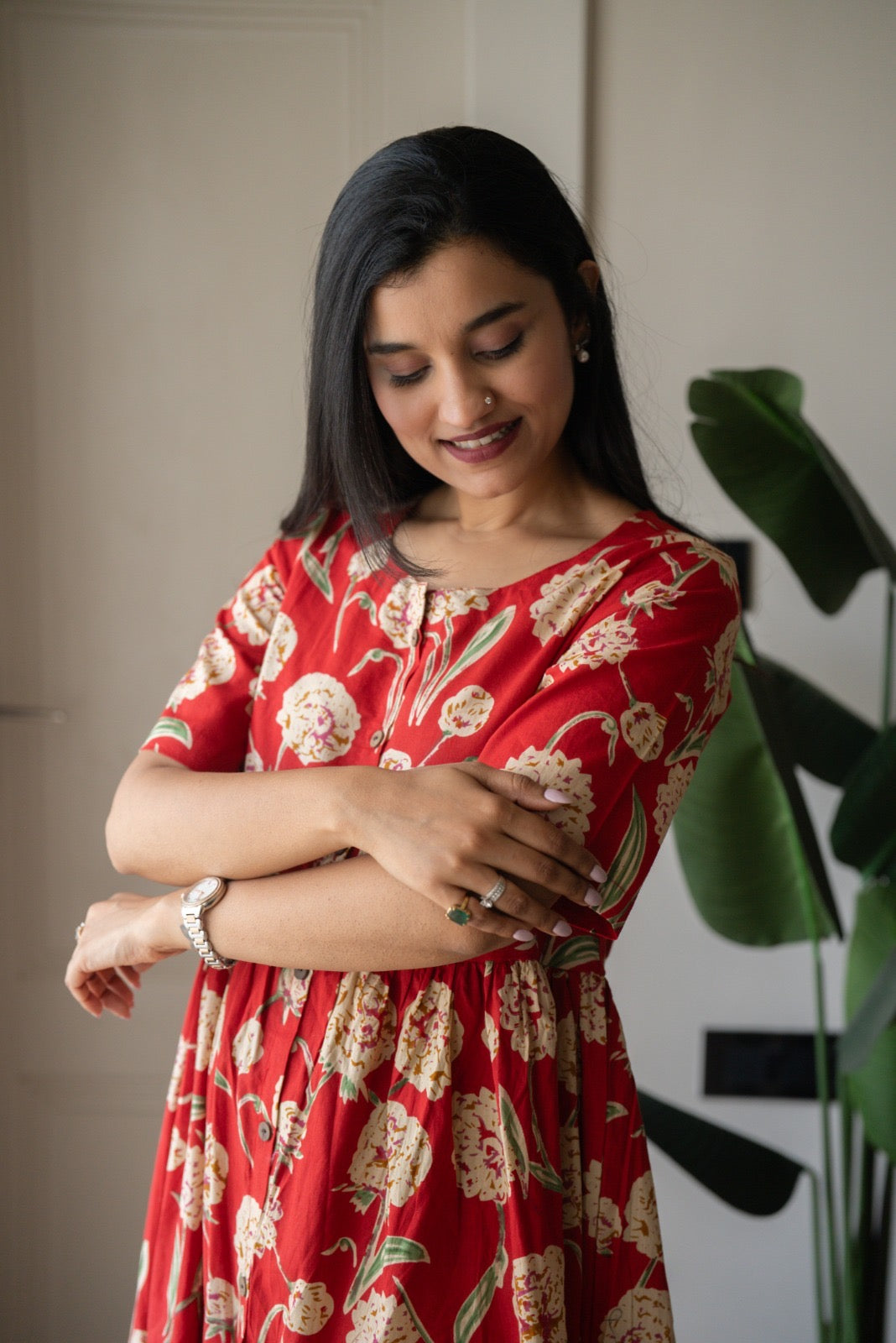 Drishy Maternity Cotton Dress- Red Florals