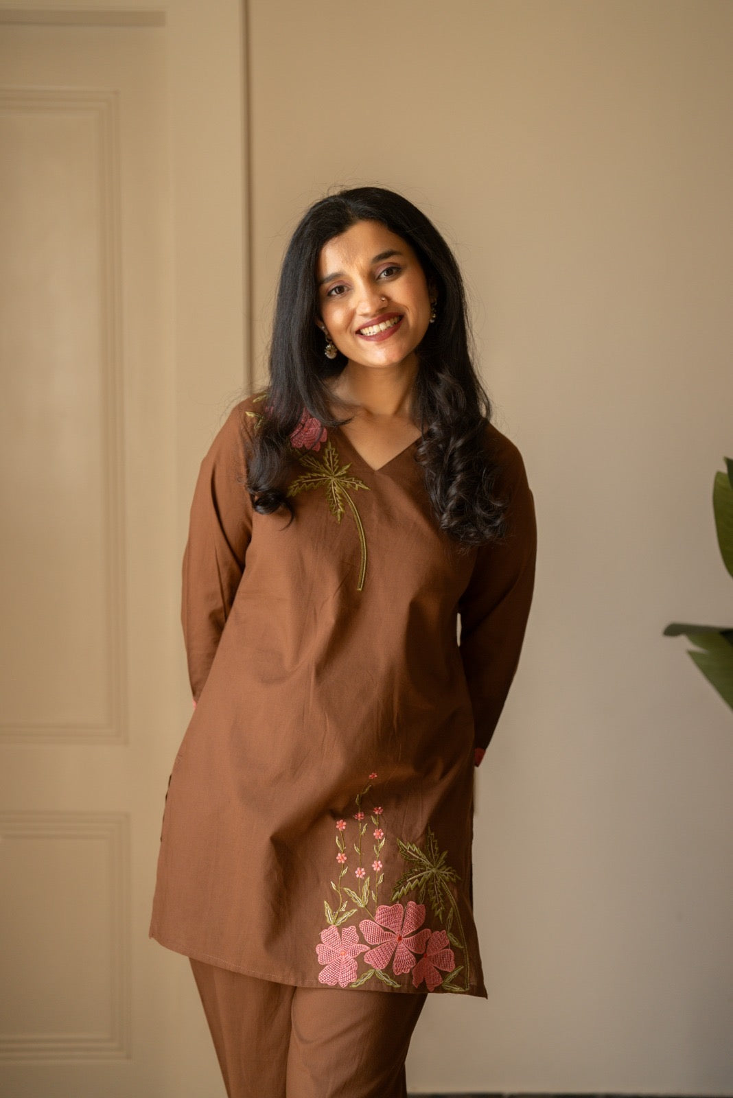Ginni Embroidered Cotton Coord Set- Brown