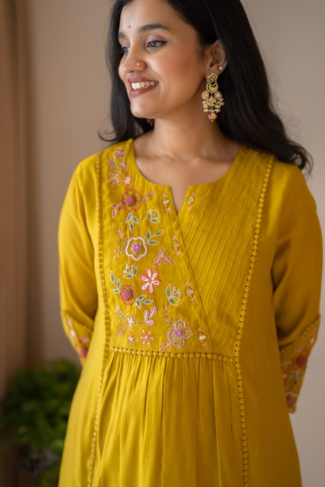 Aaina Embroidered Mul Chanderi Suit- Mustard