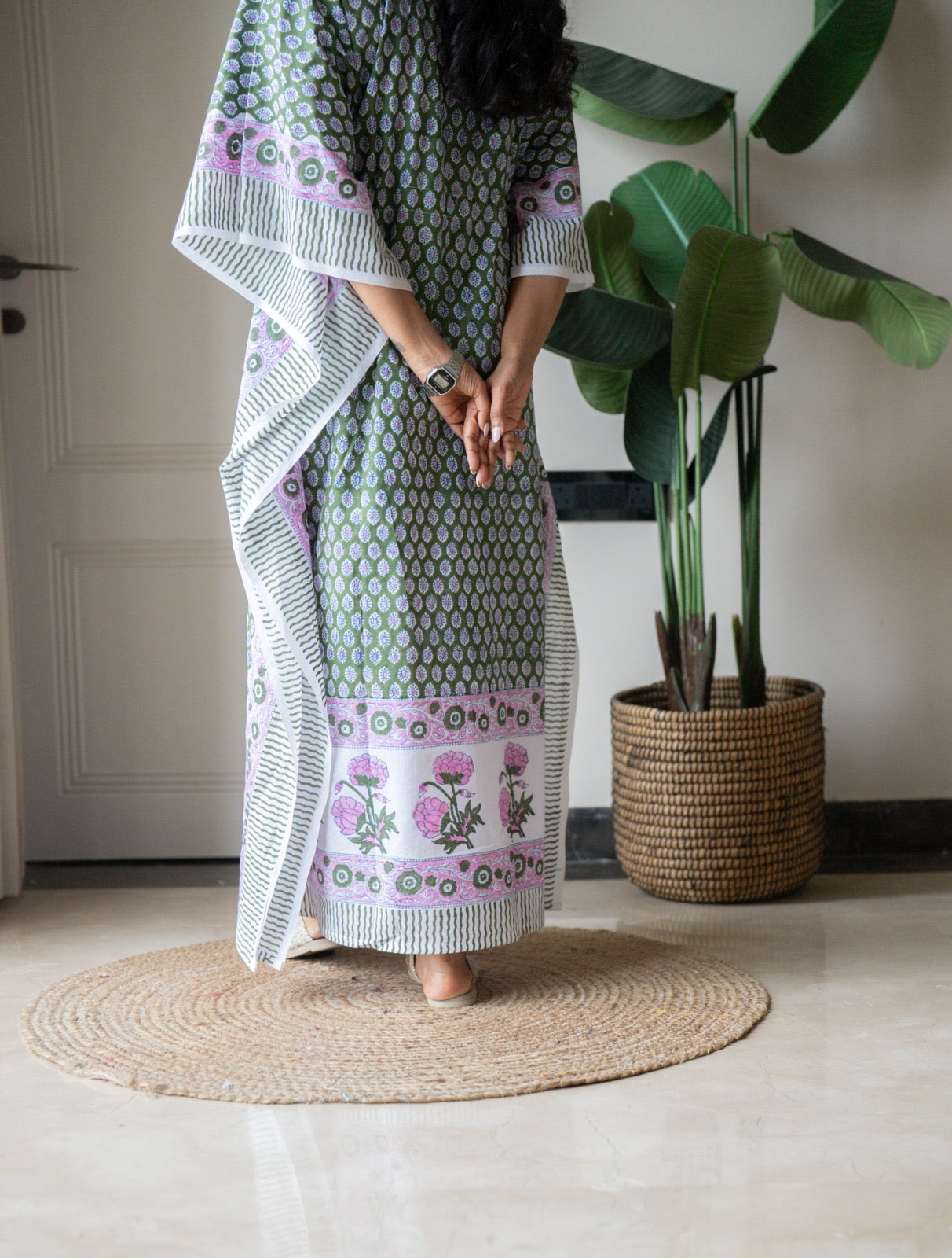 Kashi Block Print Kaftan- Dark Green Booti