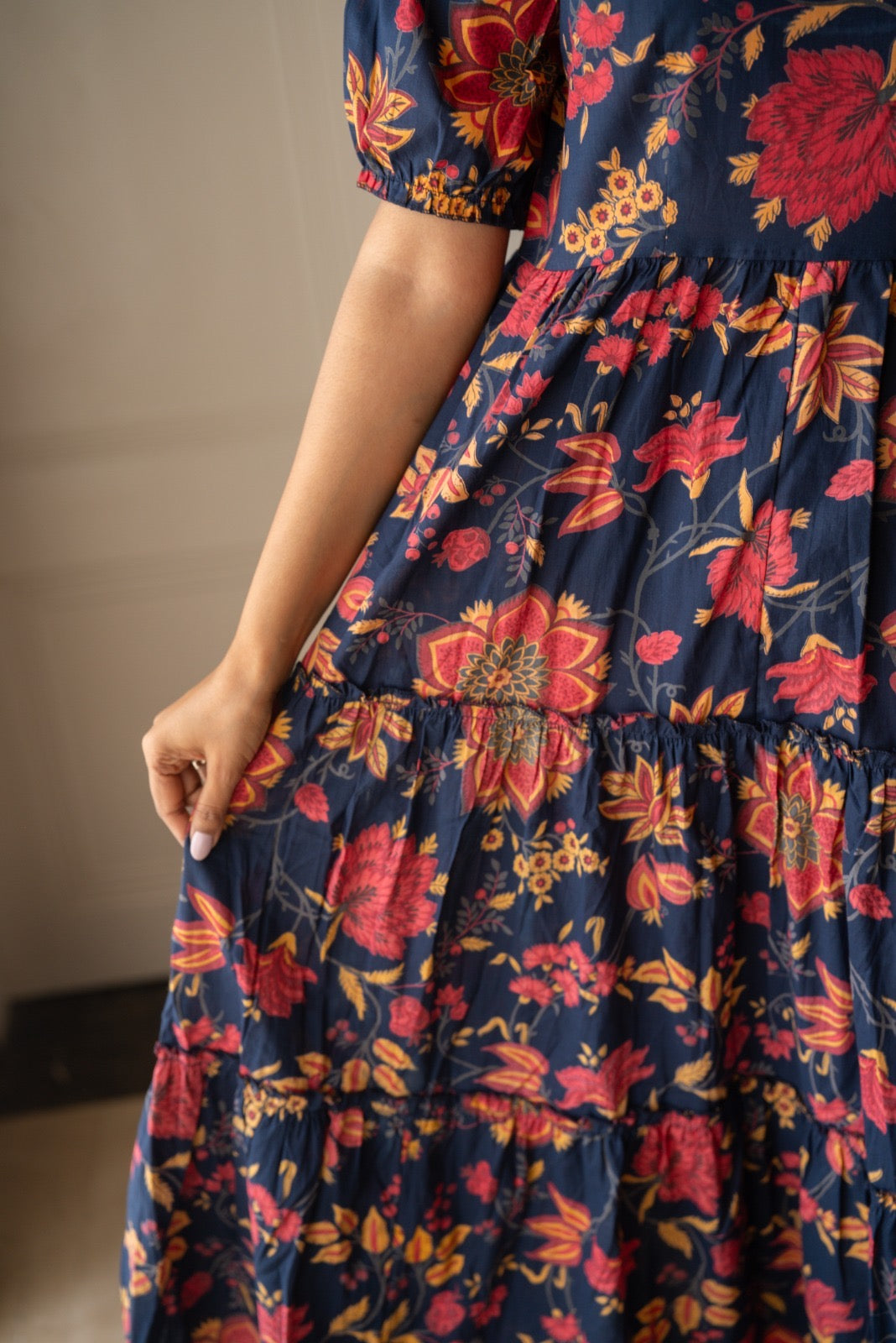 Prisha Tiered Maxi Dress- Dark Blue Florals