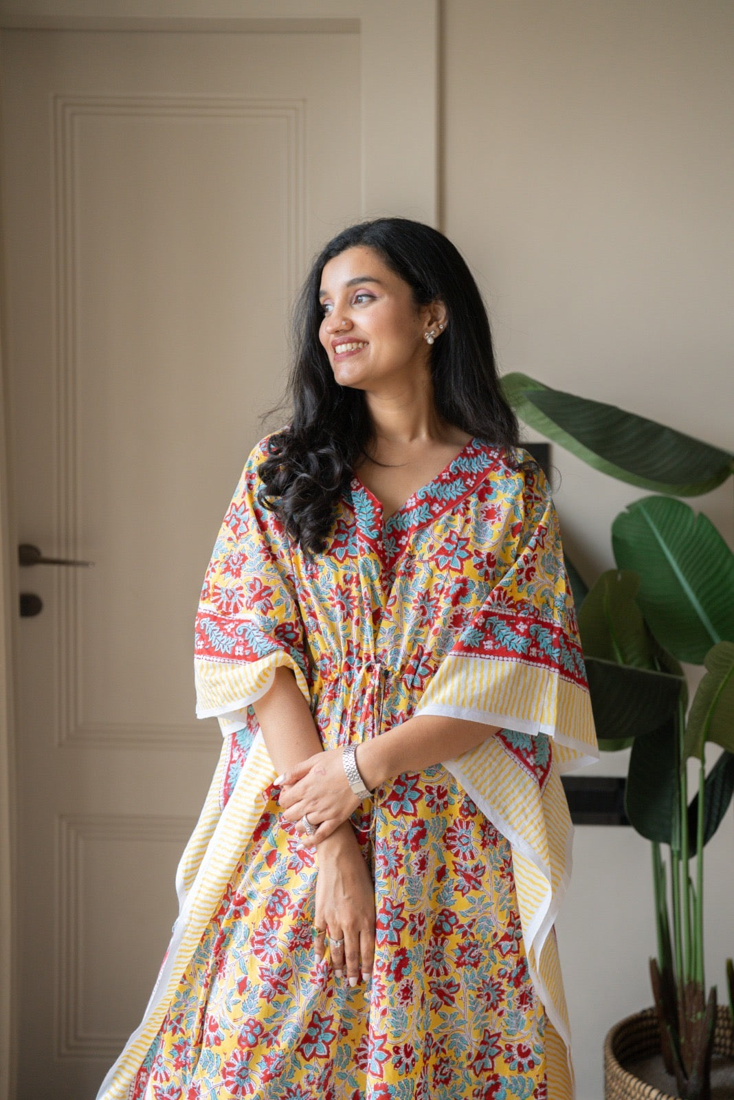 Kashi Block Print Kaftan- Bright Yellow Florals