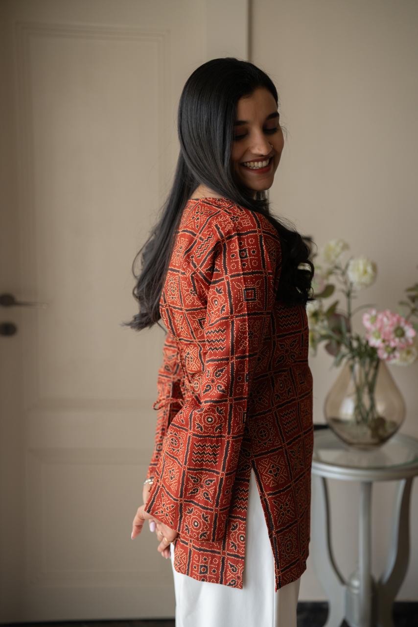 Zia Cotton Short Kurti- Red Bandhej