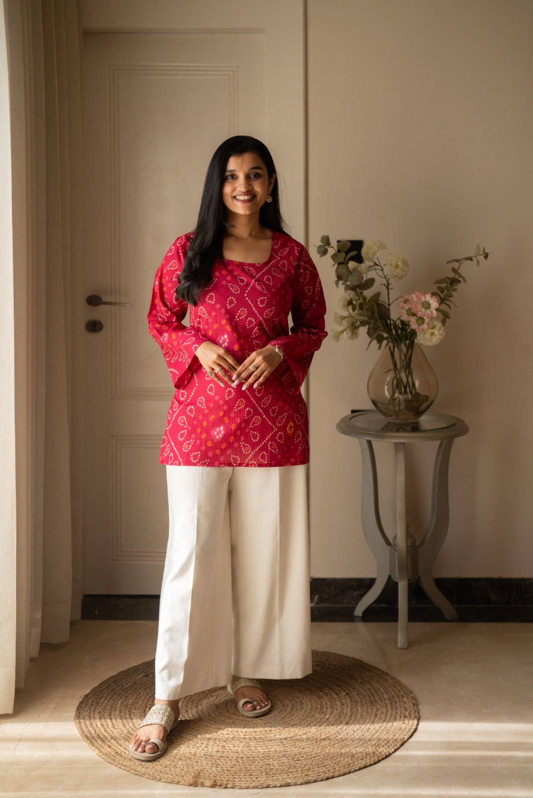 Griya Cotton Short Kurti- Pink Bandhej