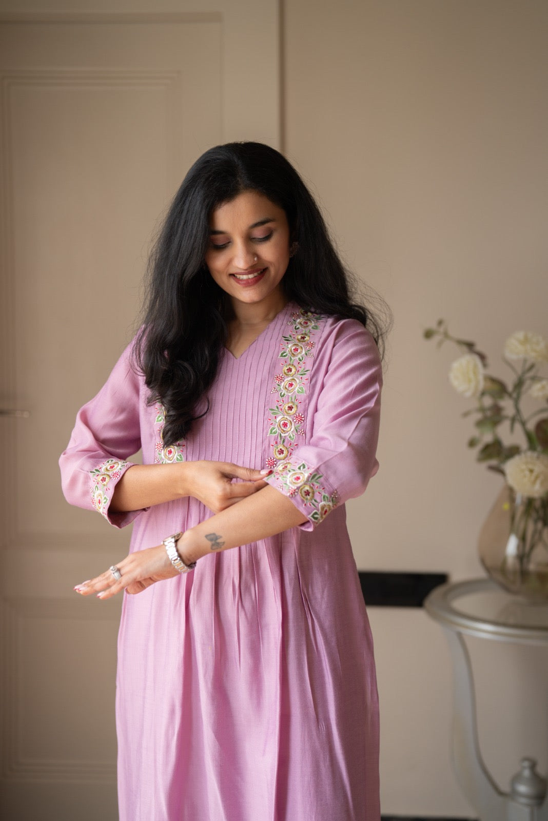 Amber Muslin Embroidered Pant Set- Pastel Pink