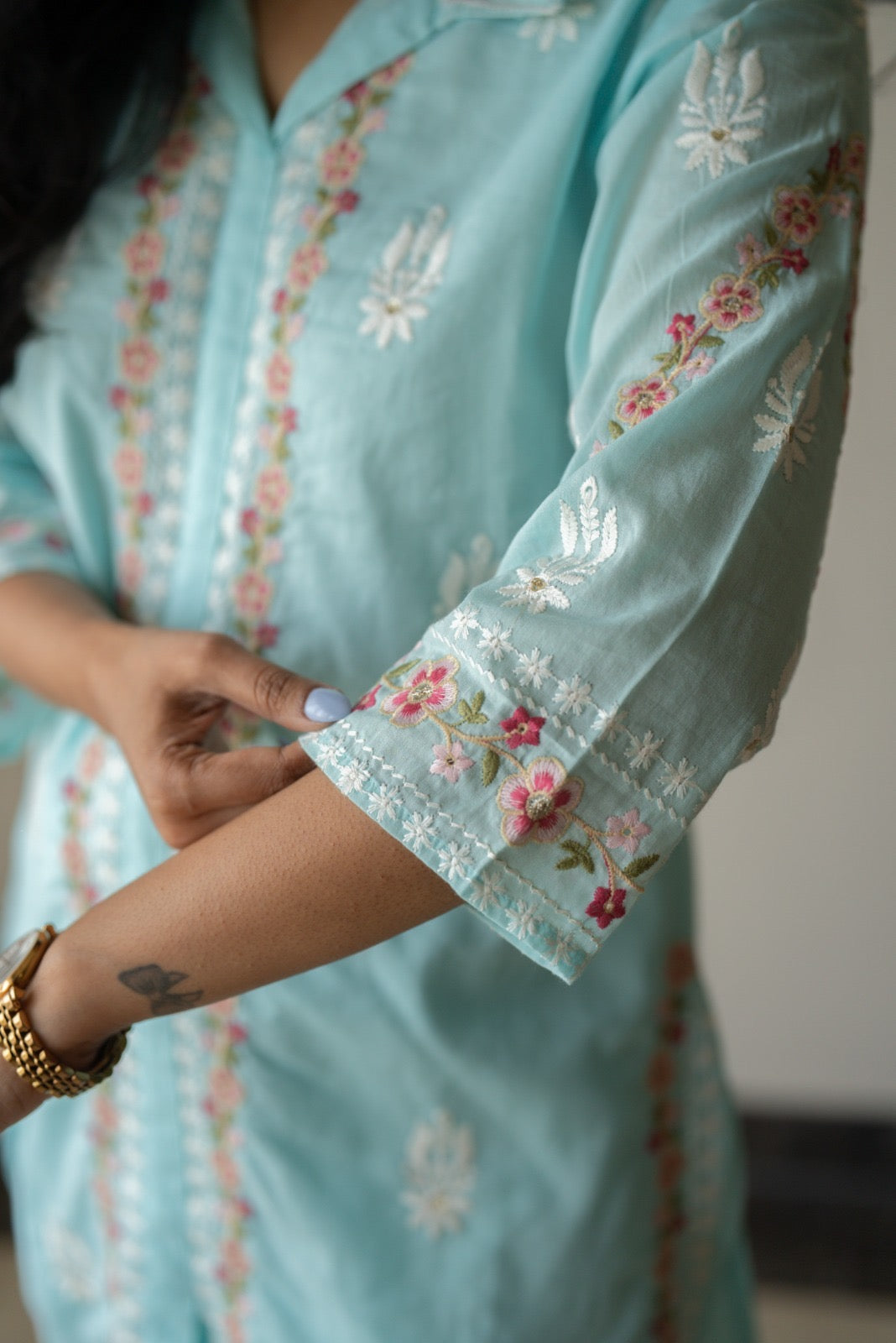 Preet Mulmul Luxe Coord Set- Sky Blue