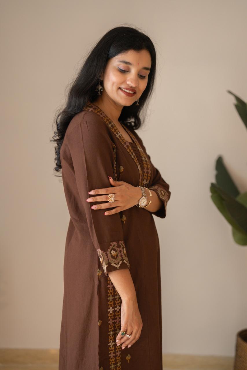 Tamana Embroidered A-line Suit- Brown