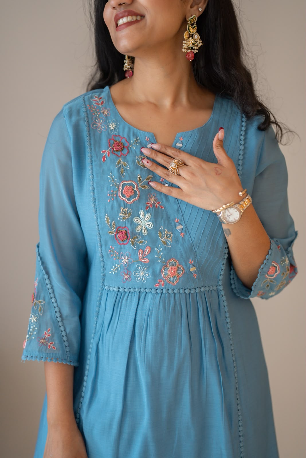 Aaina Embroidered Mul Chanderi Suit- Sky Blue