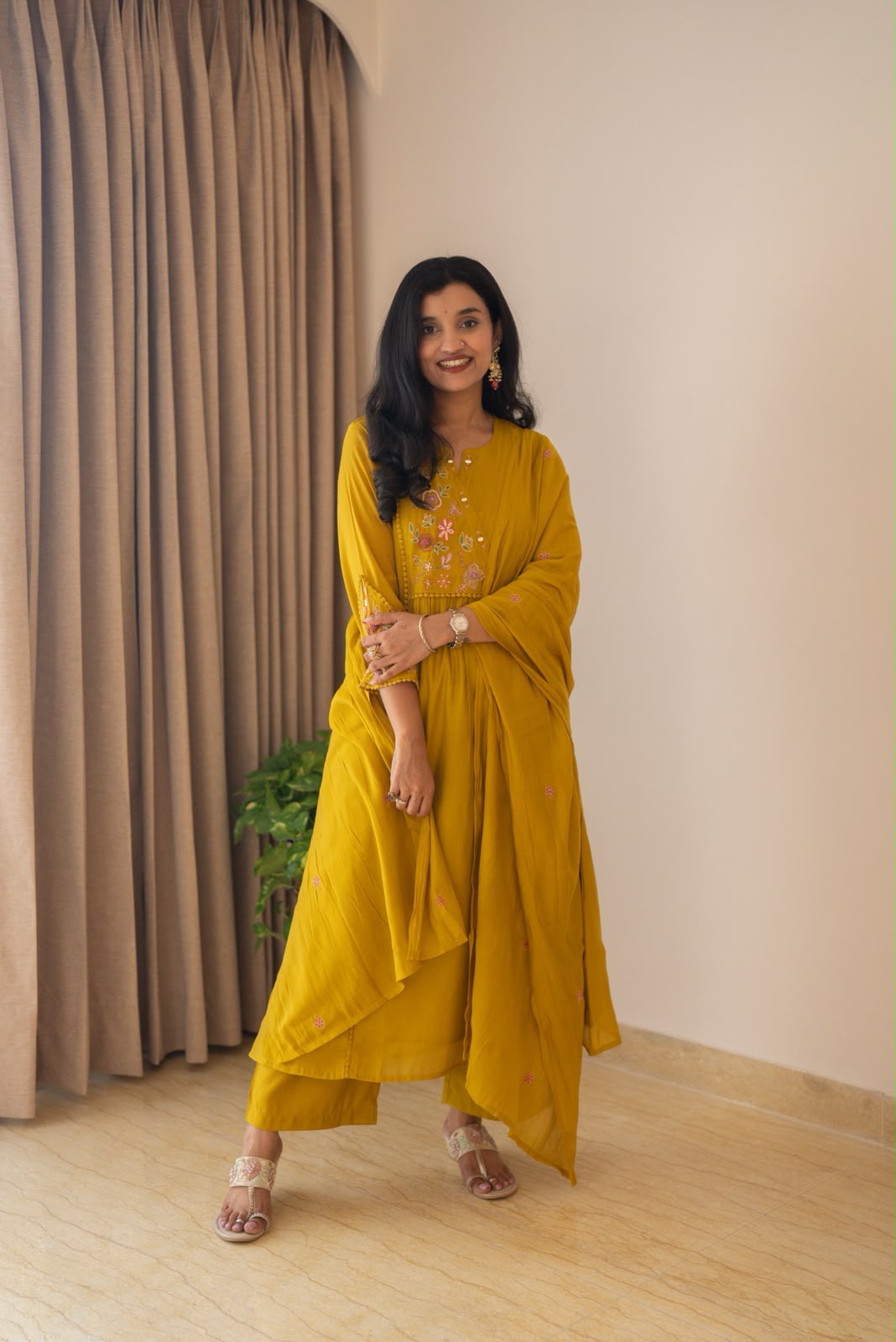 Aaina Embroidered Mul Chanderi Suit- Mustard