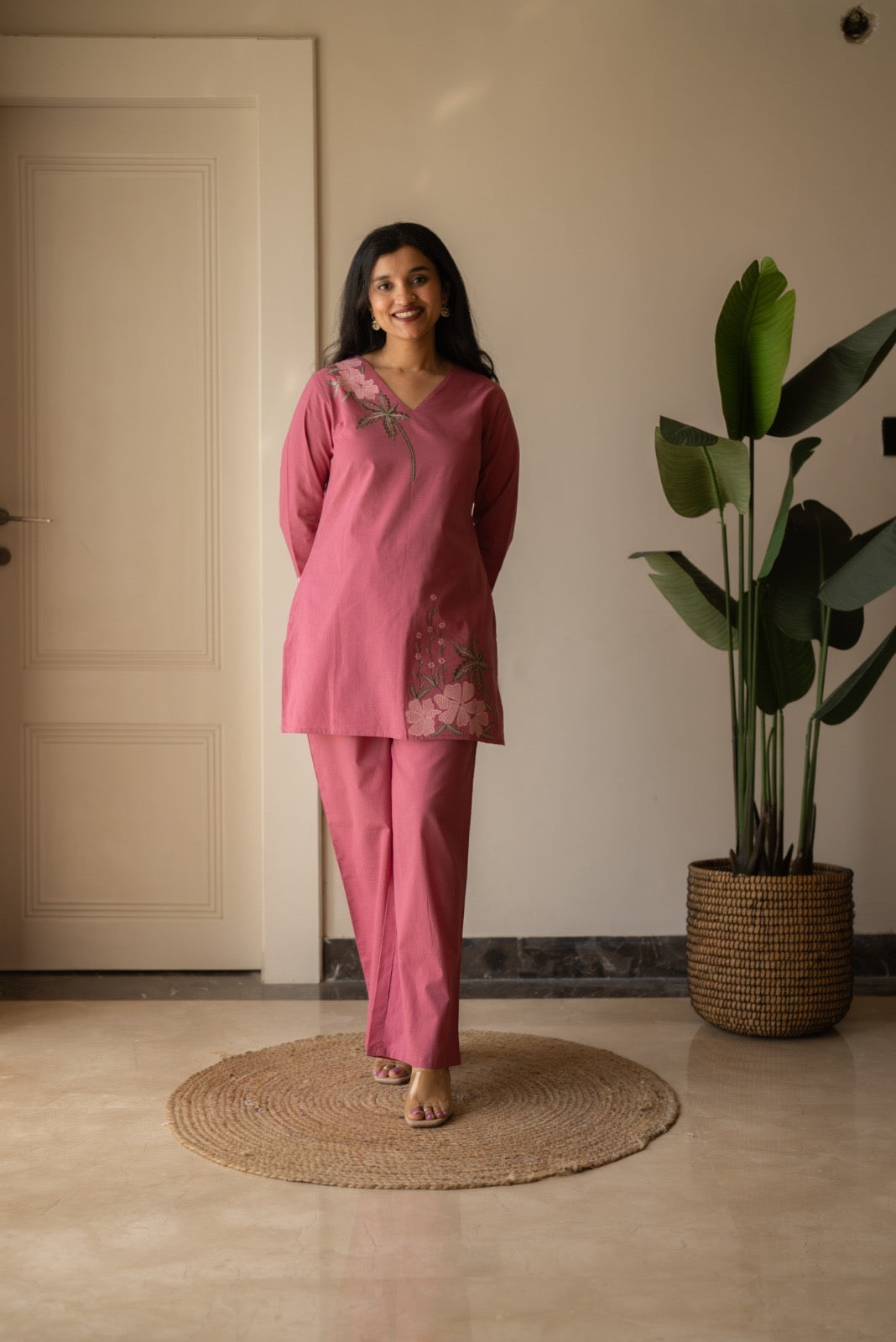 Ginni Embroidered Cotton Coord Set- Pink