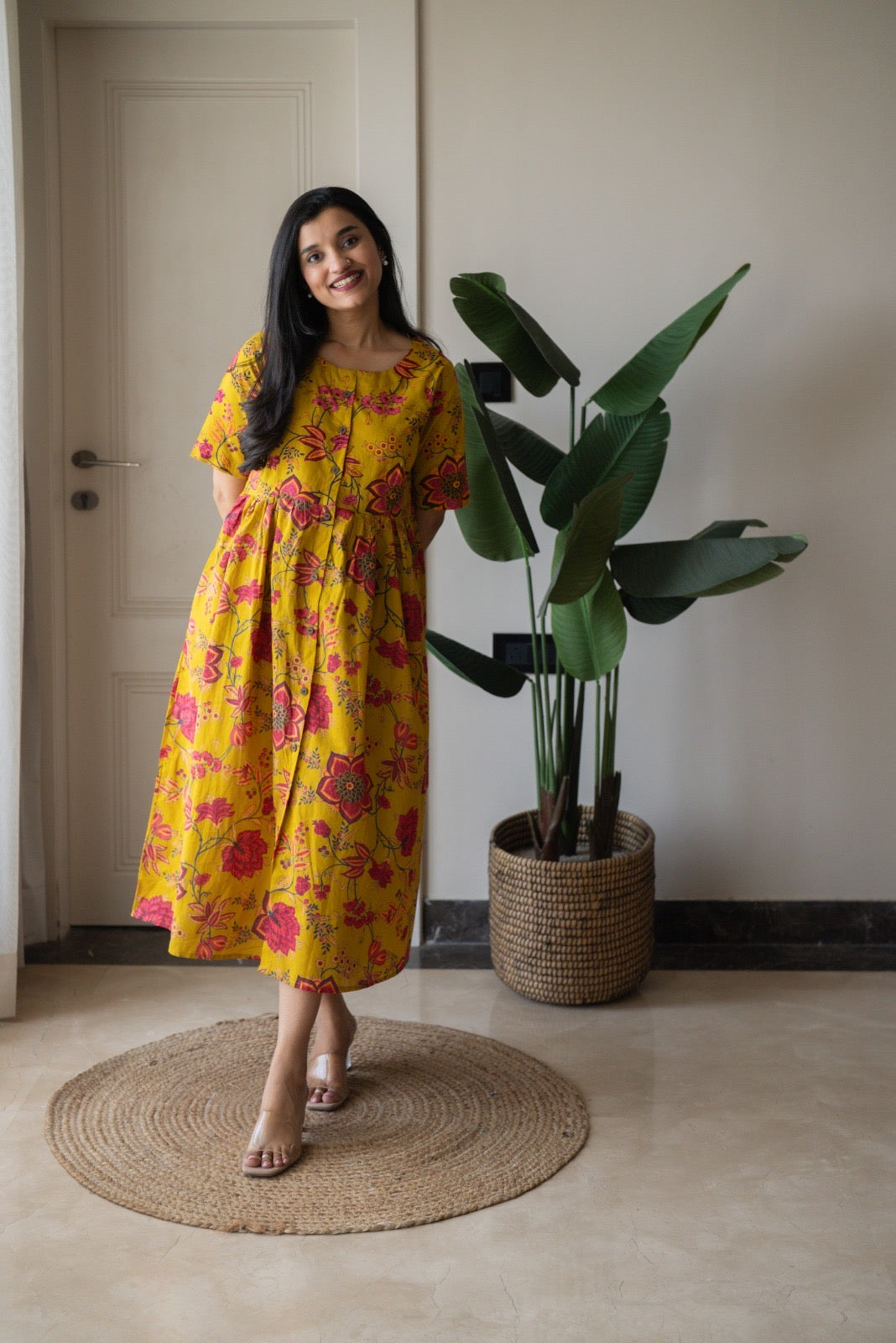 Drishy Maternity Cotton Dress- Mustard Florals