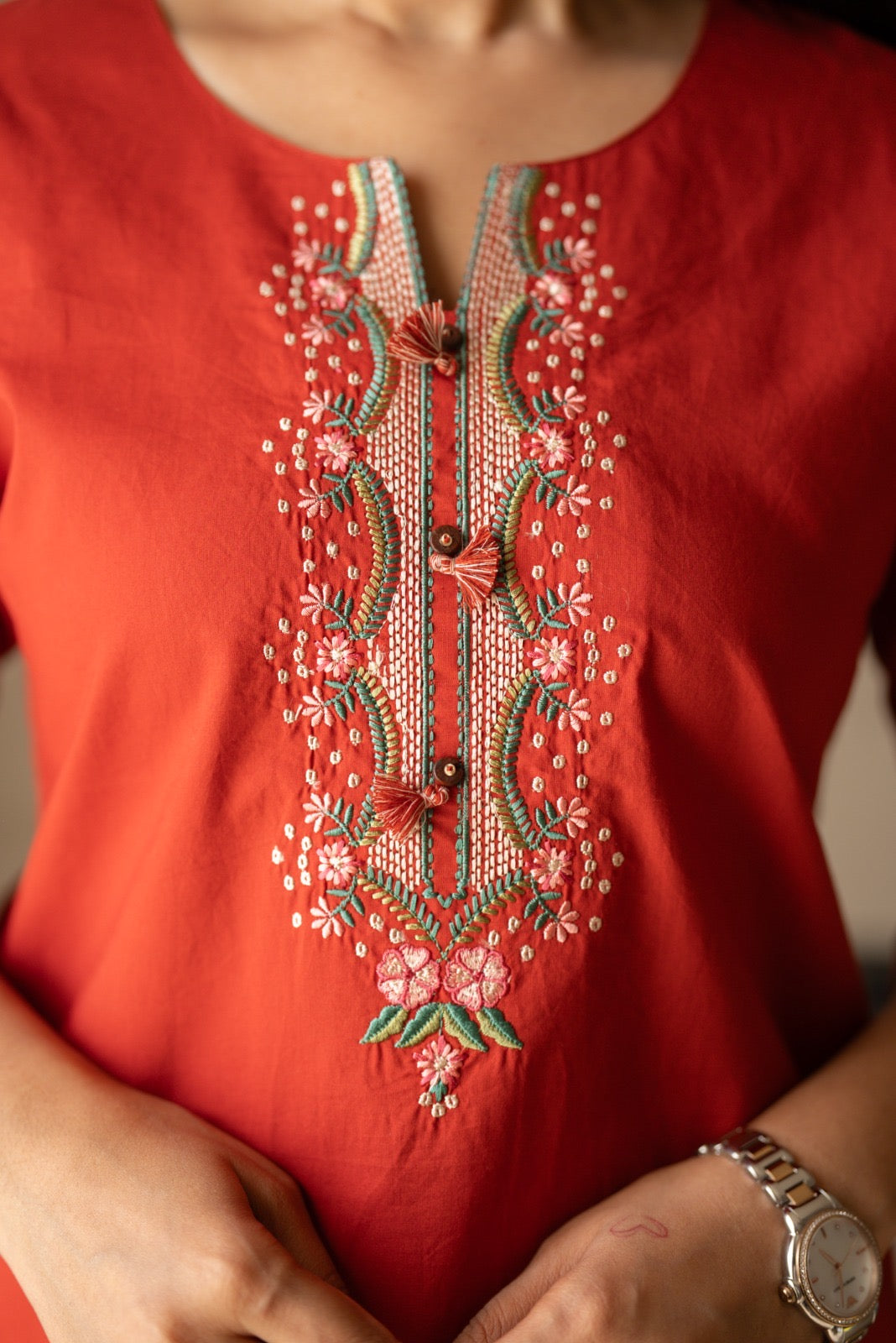 Roma Embroidered Cotton Top- Rust