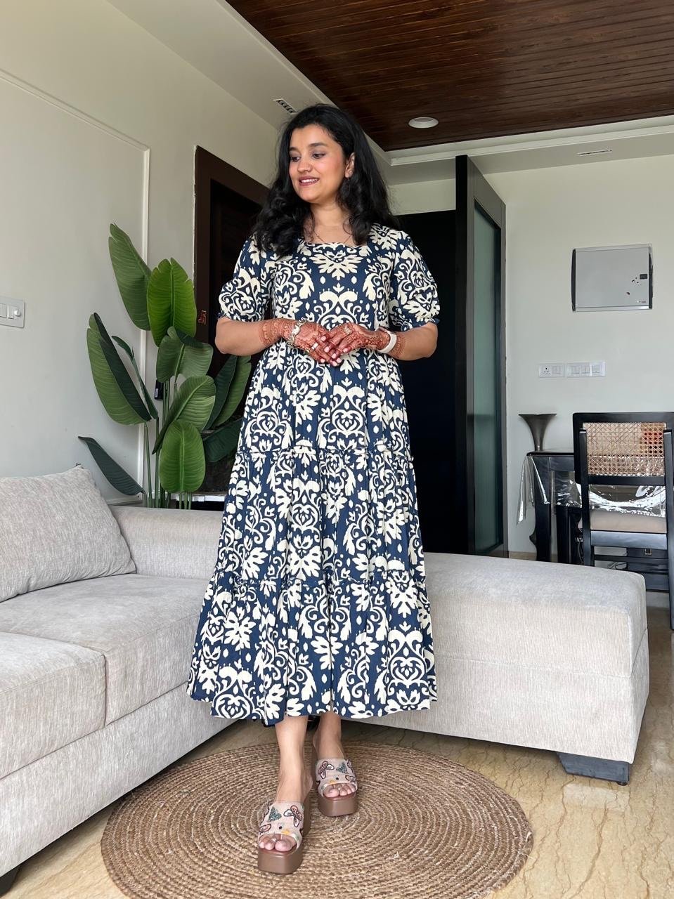 Tanvi Tiered Maxi Dress- Blue Pattern