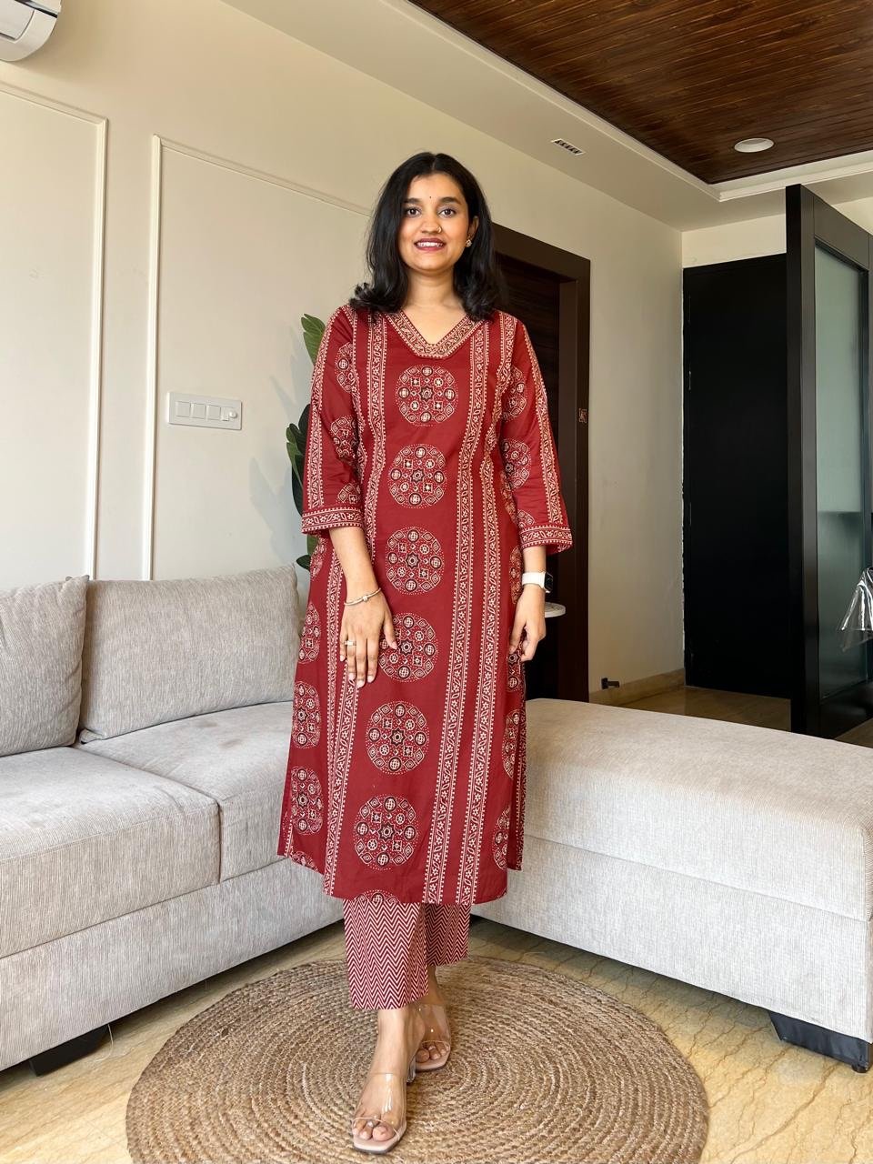 Naina Ajrakh Cotton Suit- Red