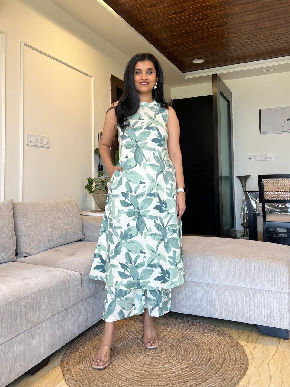 Jasmine Closed Neck Coord Set- Green Watercolor