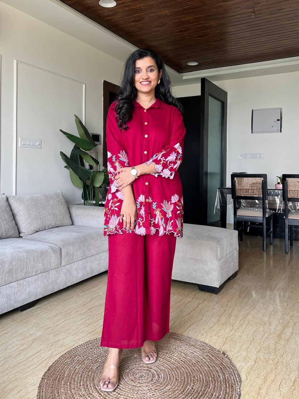 Vaari Cutwork Coord Set- Maroon
