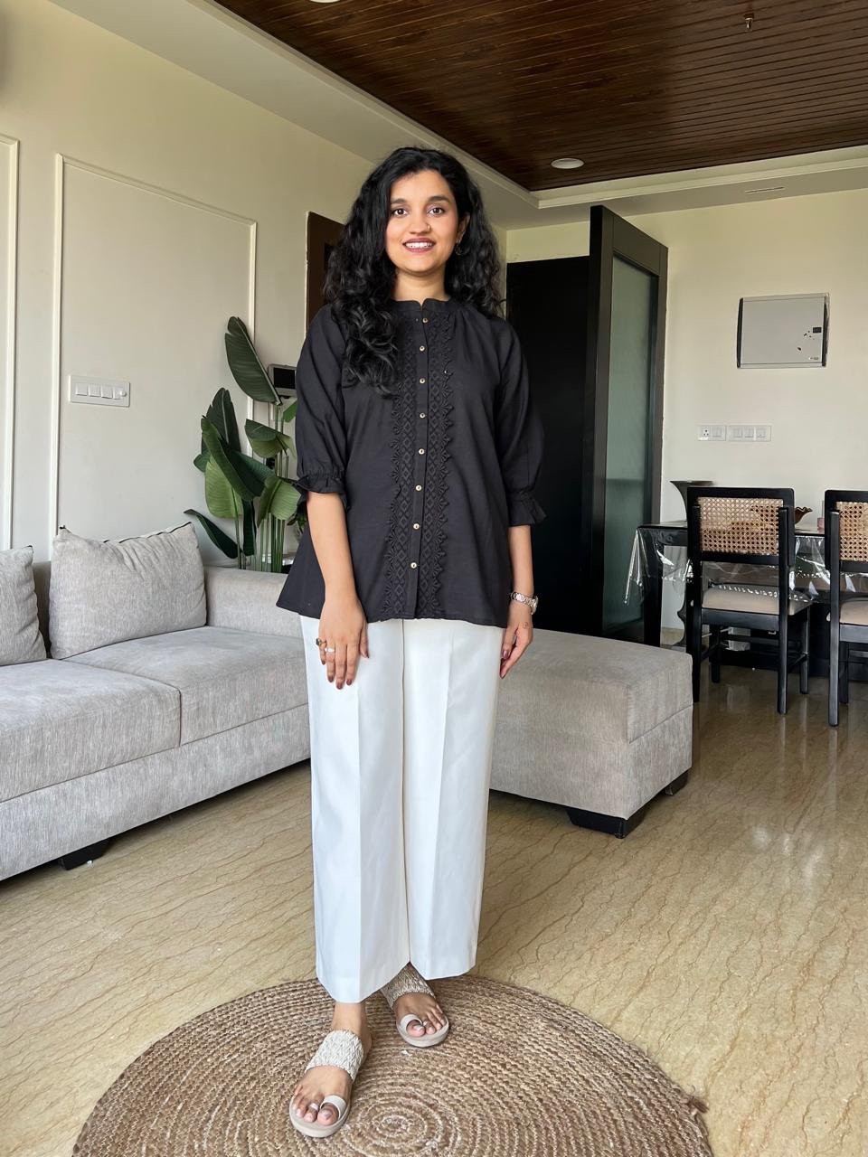 Tisha Cotton Embroidered Top- Black