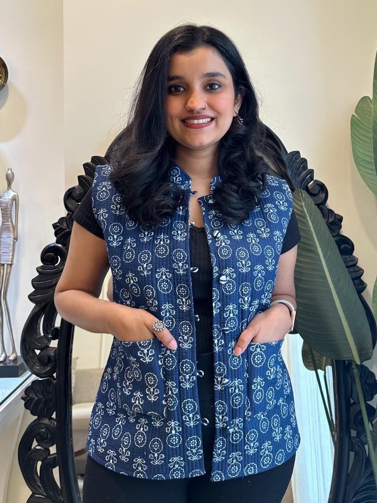 Reversible Quilted Sleeveless Jacket- Indigo Boota