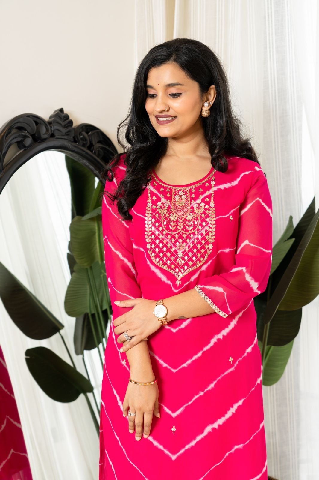 Handwork Leheriya Kurti- Round Neck