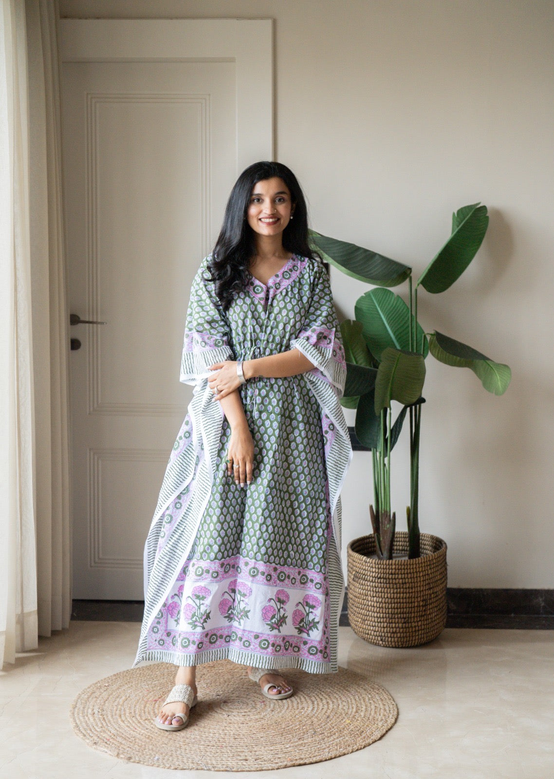 Kashi Block Print Kaftan- Dark Green Booti