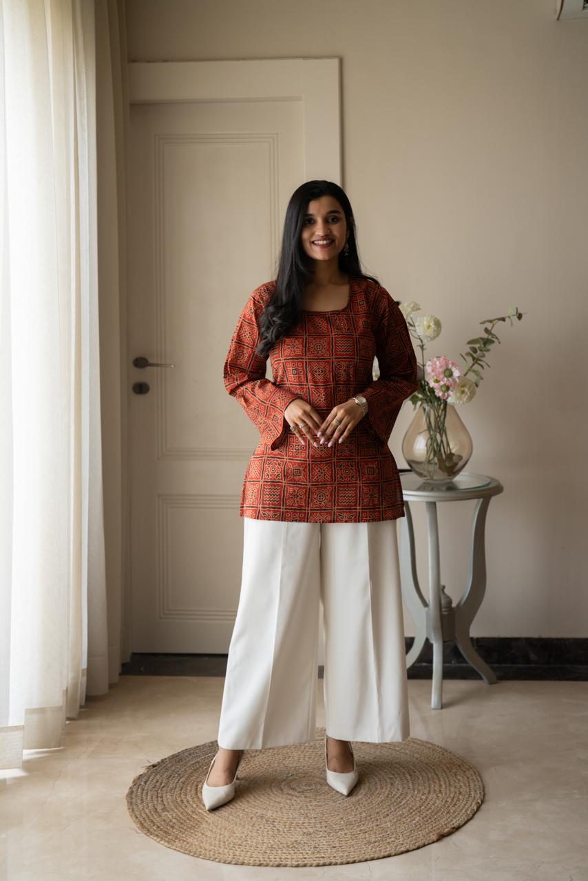 Zia Cotton Short Kurti- Red Bandhej