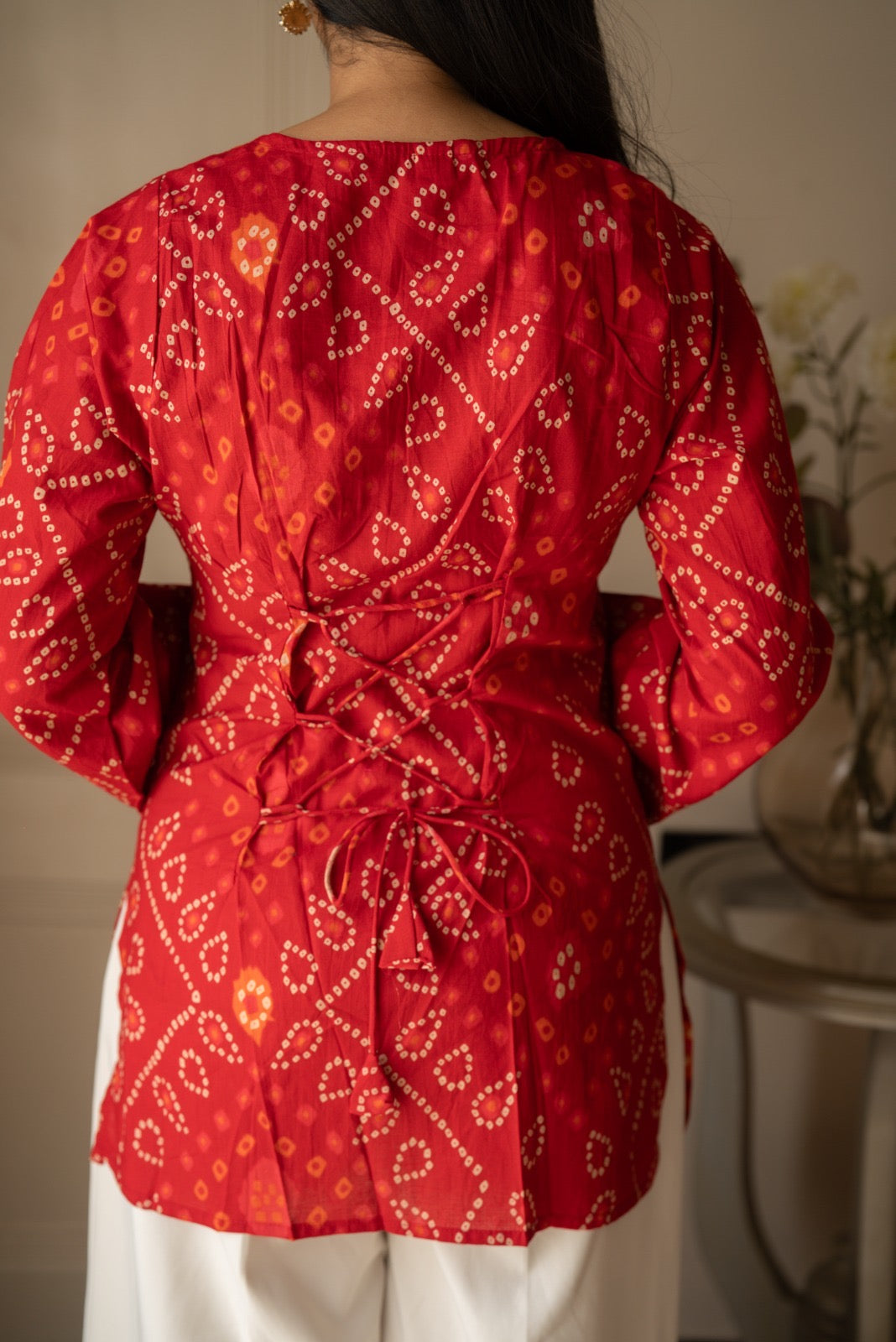 Griya Cotton Short Kurti- Red Bandhej