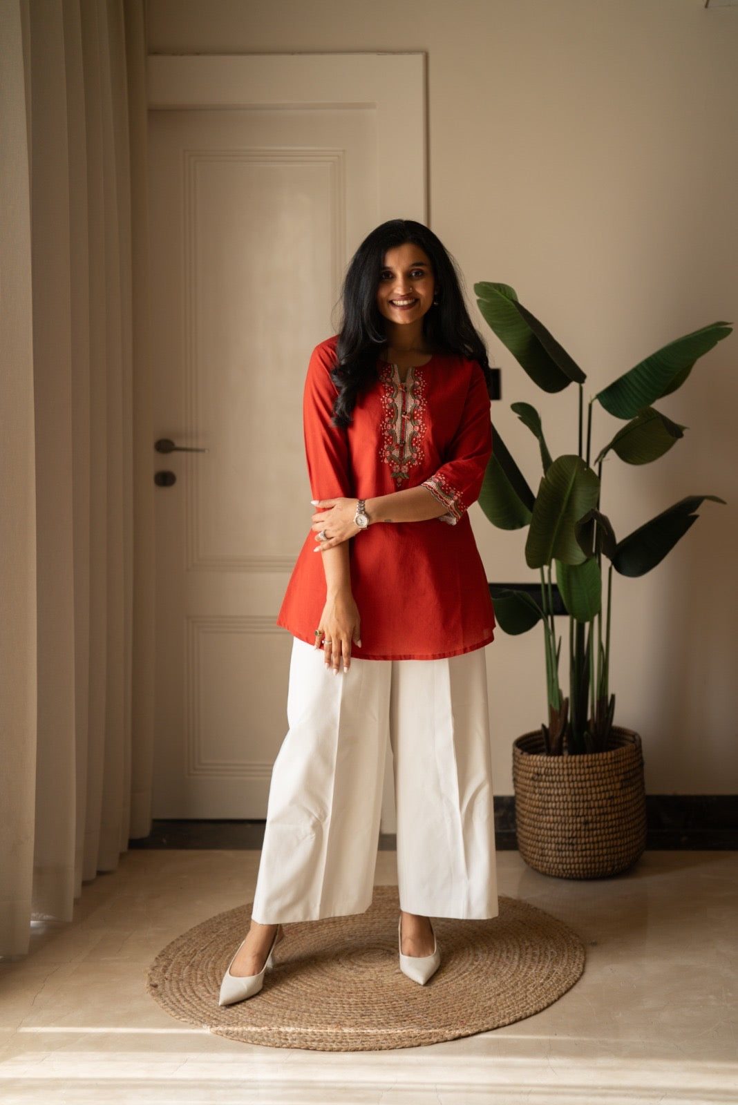 Roma Embroidered Cotton Top- Rust