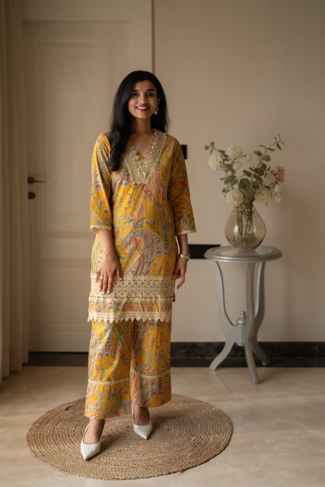 Nitara Farshi Lace Coord Set- Mustard