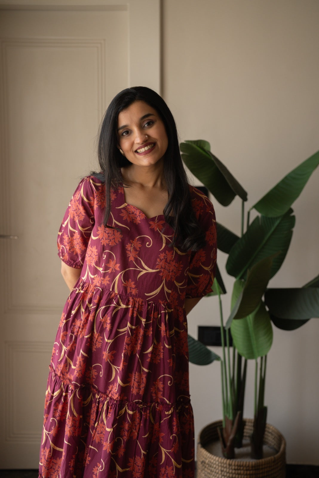 Prisha Tiered Maxi Dress- Dark Pink Florals
