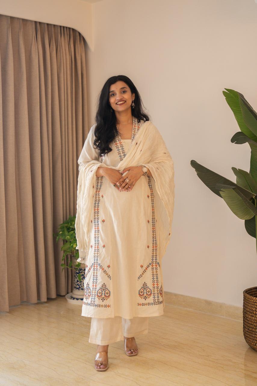 Tamana Embroidered A-line Suit- Off White
